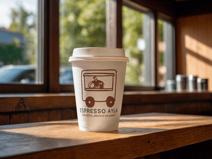 Branded cup on wooden counter in sunlight