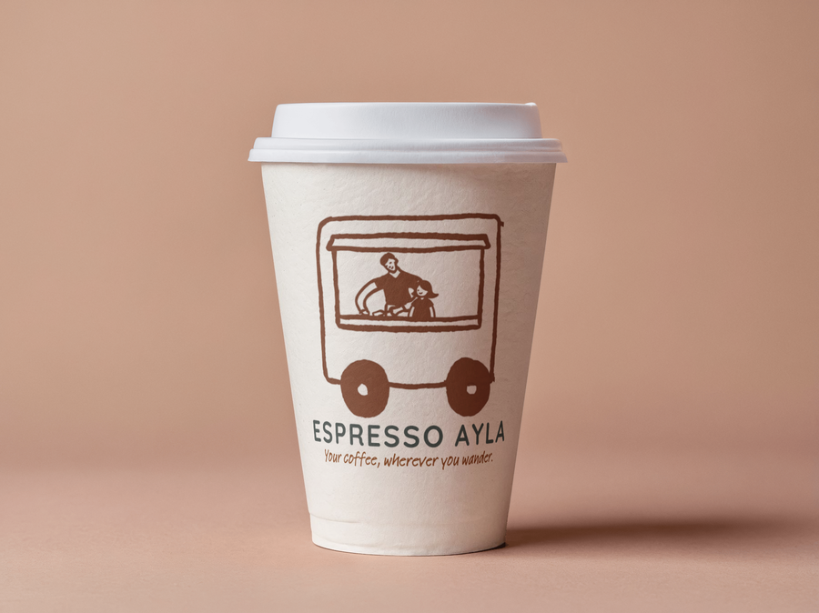 Espresso Ayla branded cup on dusty rose background
